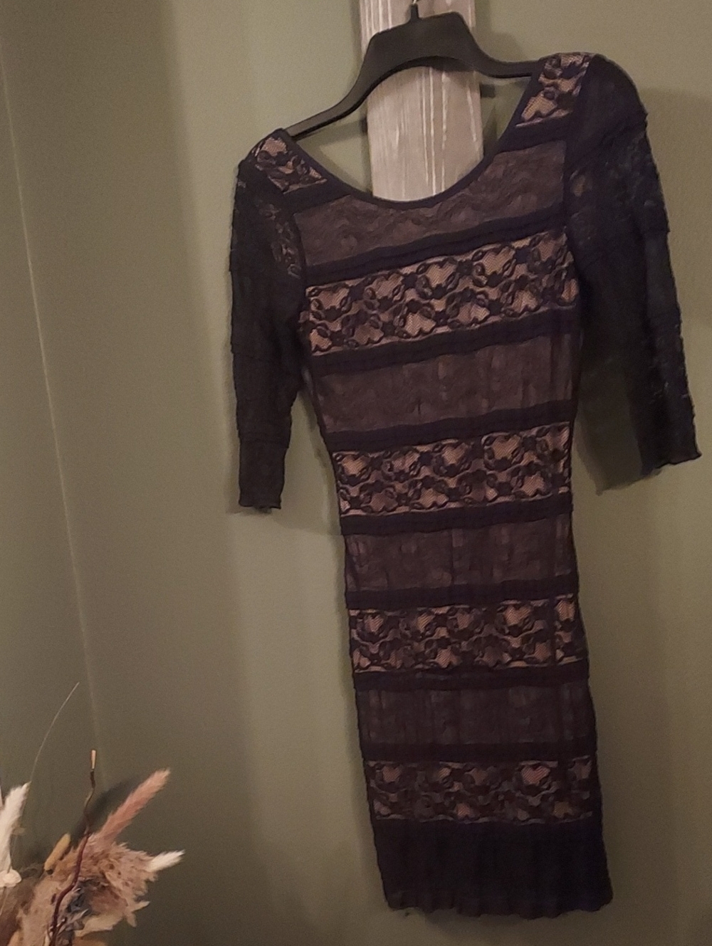 Windsor Boutique Vintage Black Lace Dress with Nude Underlay Stretch Circa 2009
